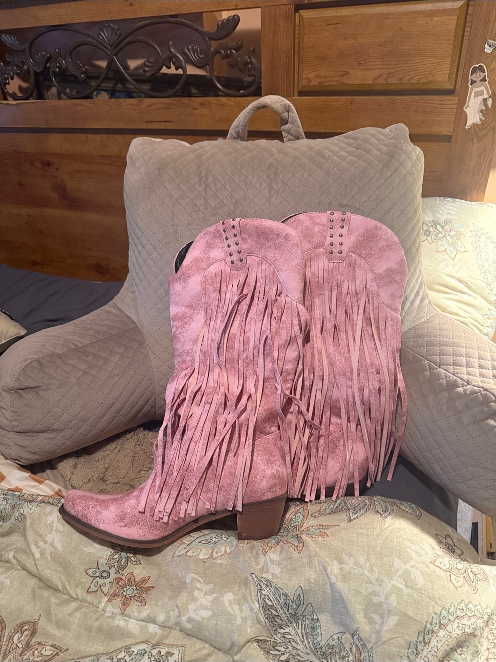 Fringe Suede Western Boots - Pink - Picture 2 of 3